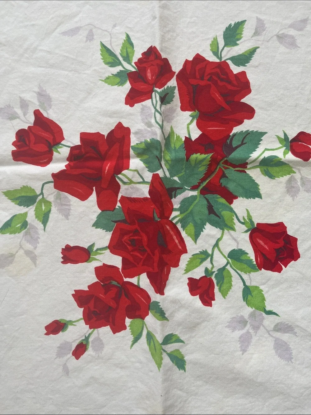 1950’s Tablecloth White Cotton Red Rose Print Square Vintage Wilendur